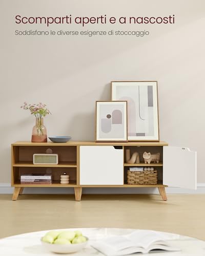 Mobile TV per Televisore fino a 60 Pollici, Armadietto per TV con 2 Ante, Ripiani Regolabili, Lungo 140 cm, per Soggiorno, Camera da Letto, Rovere Naturale e Bianco Crema LTV027N01