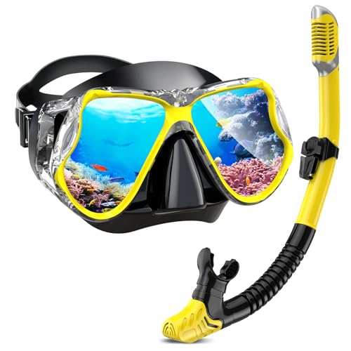 Karvipark Dry Snorkel Set, Anti-Fog Scuba Diving Mask, Panoramic Wide View Diving Goggle, Easy Breathing and Professional Snorkelling Gear for Adults (yellowblack2)