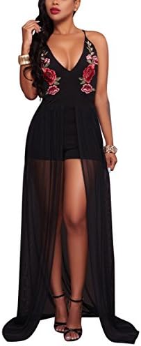 WeLoving Women's Sleeveless Embroidery Chiffon Overlay Jumpsuit Romper Maxi Dresses Black L