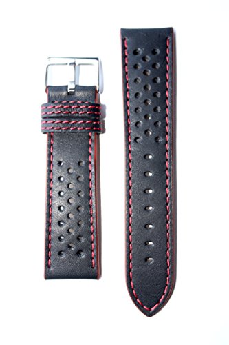20mm Rally Racing Black with Red Stitching Genuine Leather Watchband
