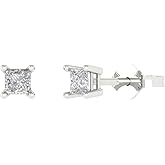 14K White Gold Plated 925 Sterling Silver Push back Dainty Stud Earrings for Women - 0.5 cttw Princess Cut White Sapphire