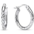 Sterling Silver High Polished Round Fashion Hoops Diamond-cut Textured Click-Top 2mm Hoop Earrings for Women