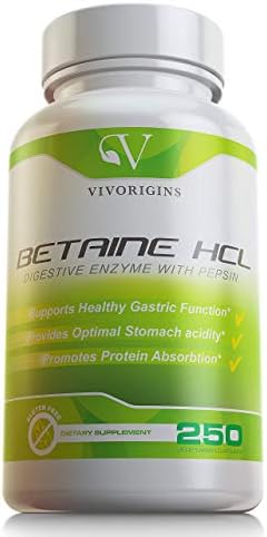 Premium Betaine HCL with Digestive Enzyme Pepsin- 250 Capsules- Healthy Gastric Function - Improves Digestion - Promotes Protein Digestion & Mineral Absorption - Gluten Free