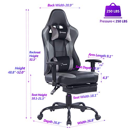 Blue Whale Massage Gaming Chair - High Back Racing Computer Desk Office Chair Swivel Ergonomic Executive Leather Chair with Footrest and Adjustable Armrests, Gray - Thumbnail 3