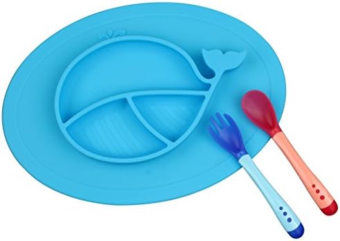 Silicone Kids Placemat Food Plate 3 compartments Toddlers Baby Feeding Mat - UNIQEE Kids Suctions Non-slip Foldable Kids Portable Travel Bowl for Babies Infants Spoon&amp; Fork include (Blue)