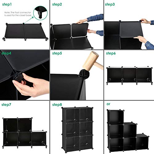 GuanJun Storage Organizer 6 Cubes,Modular Shelves, DIY Plastic Closet Cabinet,Storage Shelves for Bedroom, Living Room, Office, Black with Rubber Hammer (Black, 6 Cube)