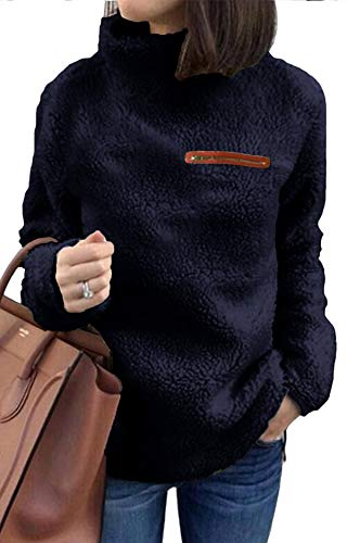 KISSMODA Women Long Sleeve Zipper Sherpa Sweatshirt Soft Fleece Pullover Outwear Navy Medium