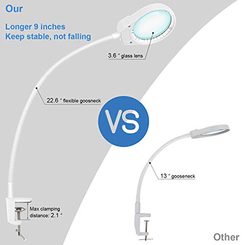 Dimmable Magnifying Glass Lamp with Clamp, LANCOSC Ultra Bright Lighted Real Glass Magnifier with 23" Flexible Gooseneck - Adjustable LED Light for Reading, Crafts, Hobbies, Tasks, Close Work (White)