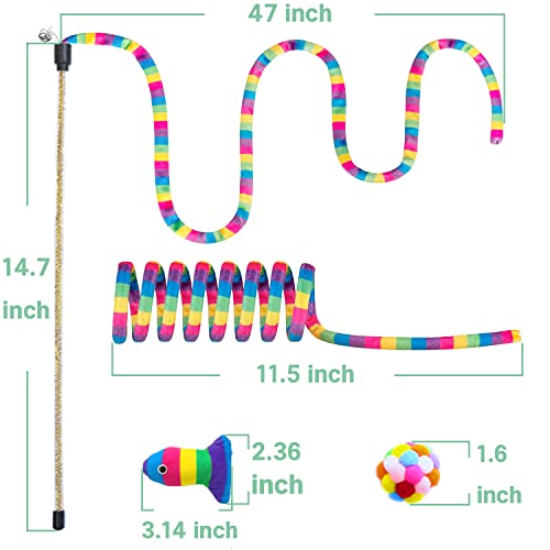 Interactive Cat Rainbow Wand Toy, 4pcs Supplies with Teaser Stick, pet Ball with Built-in Bell, Colorful Spring and Plush Doll Small Fish Refills, Funny Indoor Exerciser Playing cat Toy