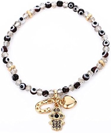 Bohemian Red Blue Black Rhinestone Acrylic Beads Evil Eyes Hamsa Hand Pendant Bangle Bracelet (Black)