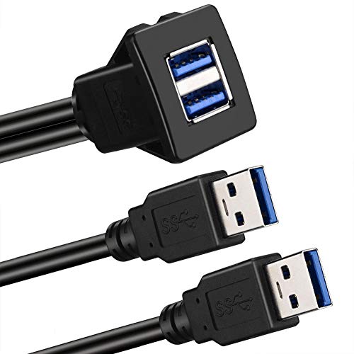 BATIGE Dual Ports Square USB 3.0 Panel Flush Mount Extension Cable with Buckle for Car Truck Boat Motorcycle Dashboard 3ft