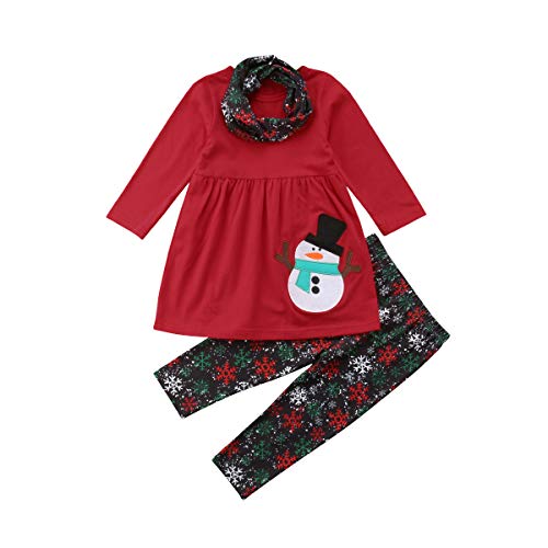 Christmas Outfit Toddler Baby Girl Long Sleeve Snowman T-Shirt Dress Snowflakes Pants (Red, 3-4Y)