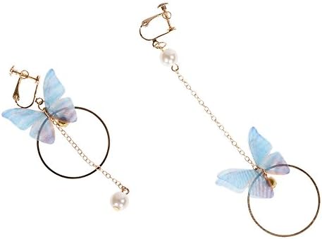 Cren Long Circle Butterfly Beads Clip on Dangle Earring