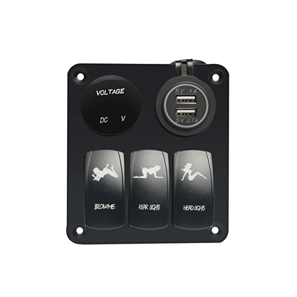 TEQStone-MarineBoat-Car-Switch-Panel-3-Gang-with-1-Charger-With-2-USB-Slot-and-a-Voltage-Monitor-Blue-LED-Light-5pin-Onoff-Rocker-Switch