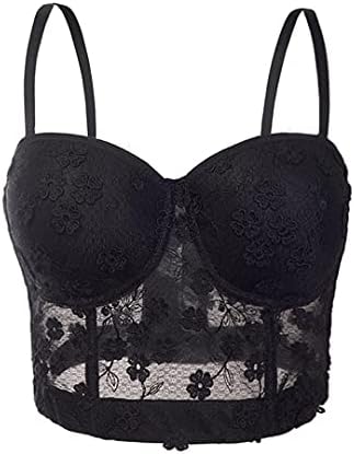 See-Through Mesh Lace Corset Push-Up Bra Women's Crop Top (Black