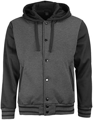 Letterman Varsity Baseball Hoodie Mens Jacket - Removable Hood (2XL, Charcoal/Black)