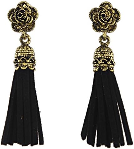 Periwinkle 2" Gold-Tone Black Rose Post Earrings with Imitation Black Leather Tassels