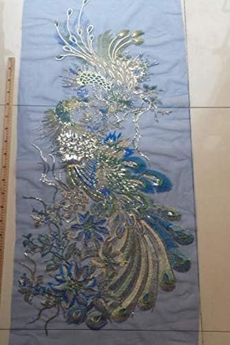 2-Phoenix Sequin Embroidery Patch Applique On Mesh Cloth for Classic Clothes Evening Dress DIY Patches 130x65cm (Blue)