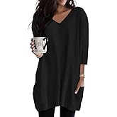 Poetsky Womens Tunic Tops for Leggings with Pockets Vneck 3/4 Length Sleeve Shirt Casual Long T-Shirts S-3XL