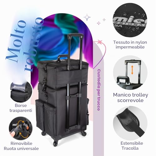 Kemier - 2 in 1 Omnidirectional Wheels Professional Soft Side Makeup Case Wheeled Makeup Case Cosmetic Organizer with Drawers,Black