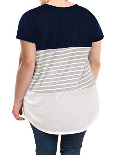 VISLILY Women's T-Shirts Plus Size Short Sleeve Striped Tunic Tops Blouses Navy 24W
