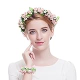 Valdler Flower Wreath Headband Floral Crown Garland Halo with Floral Wrist Band for Wedding Festivals, Pink