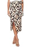Women's Sexy Leopard Print Wrap Bowknot Tie High Waist Belted Split Midi Skirt