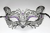 Seductive and Sexy Cat Woman Metal Masquerade Venetian Black Mask with Purple Diamonds