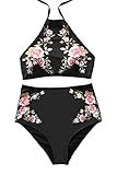 Cupshe Fashion Women's Floral Printing Halter Padding Bikini Set Beach Bathing Suit, Black