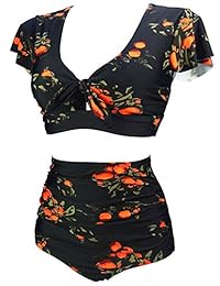 COCOSHIP Bikini de cintura alta floral retro de dama Conjunto de corbata Traje de baño con volantes en la parte superior de manga corta delantera (FBA)
