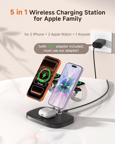 5-in-1 Wireless Charging Station for Apple Devices, Double Magnetic Charger for iPhone Air/17/16/15/14/13/12, Double 5W Fast Charge for Apple Watch 11/10/9/8/Ultra 3/SE 3, SwanScout 902M