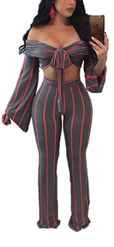 Speedle Womens Off Shoulder Sexy Stripe Long Wide Jumpsuit Romper 2 Pieces Crop Top and Pants Outfits Red L