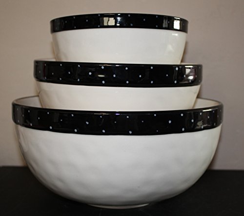 Click Here to See More Images Rae Dunn by Magenta MIX. DASH. PINCH. in typeset letters 3 Mixing Bowl set with Black Polka Dot Rim 10 inch, 8 inch, and 6.5 inch Bowls.
