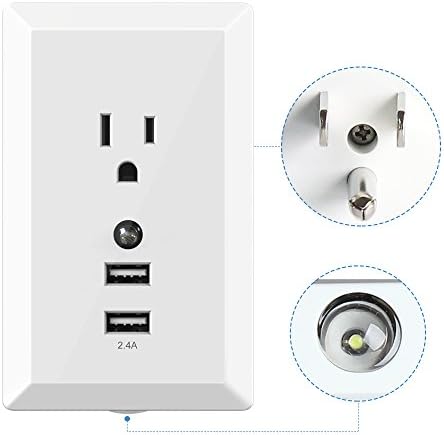 USB Wall Plug Outlet, Smart High Speed 15A Dual USB Wall Receptacle Outlet with Power Plug and Sensor Night Light, White