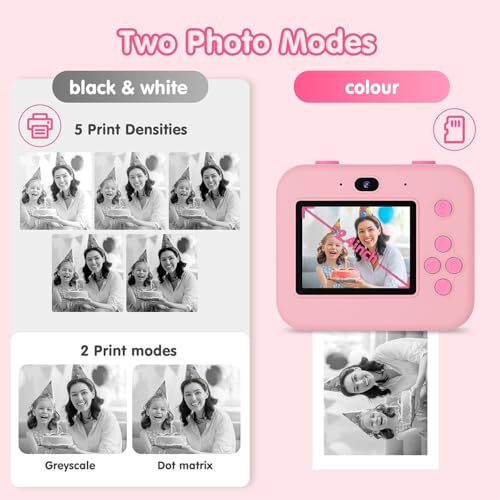 ASTGMI Children's Instant Camera, 2.4 Inch 1080P Children's Selfie Camera with Printing Paper and 32GB Card, Toy Christmas Gift Boy and Girl 3 4 5 6 7 8 Years (Pink)