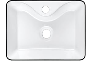 Bathroom Vessel Sink 16”x12” Bathroom Sink Rectangle White Ceramic, FRANIC - Art Basin Vanity Sink Above Counter White Body, Black Trim
