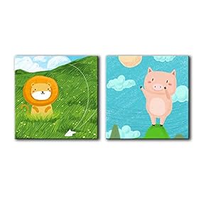 Square Canvas Wall Art of Lion in Grass and Pig on a Hill Children Painting | 12"x12" x 2 Panels