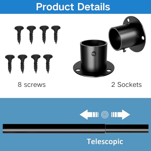 Wardrobe Rail, Extendable Clothes Rail, Wardrobe Pole with Fixing Sockets and Screws for Wardrobe and Cloakroom, Black, 45-68cm(Diameter 25mm)