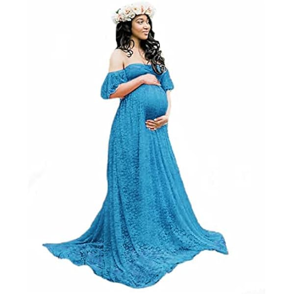 Women's Lace Off-Shoulder Long Maternity Dress Solid Color Lace One Piece  Trailing Pregnant Dresses Plus Size Ruffle Sleeve Pregnancy Gown Photo  Shoot (Baby Blue,Small) at Amazon Women's Clothing store