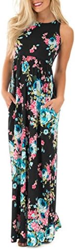 LiMiCao Women Fashion Printed Long Dress Three Quarter Sleeve Retro Vintage Flower Casual Floor Length Maxi Dress (S-XXXL) (XL, Black1)