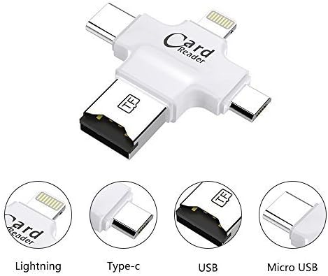 4 in 1 Multiple Smart Micro SD Memory Card Reader with USB, Micro USB,Type C,Lightning Connector OTG Adapter, TF Card Readers Mobile Flash Drive for iPhone Mac,Windows, iOS/Android USB2.0 (White)