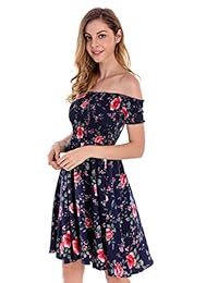 Apperloth - Vestido sexy de mujer con hombros descubiertos, estampado floral, manga corta, corte en A y acampanado