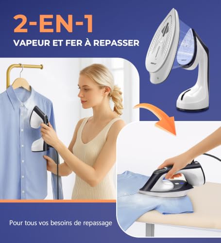 Ropilly Garment Steamer & Iron 2-in-1 1600 W, Removable Ceramic Sole, Vertical Steamer and Horizontal Ironing, Quick Conversion, Automatic Shutdown, Self-Cleaning