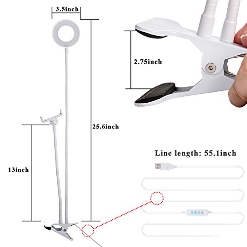 B-Land Cell Phone Holder with Selfie Ring Light for Live Stream, Flexible Mobile Phone Clip Holder Lazy Bracket Desk Lamp LED Light for Bedroom, Office, Kitchen, Bathroom (White) - Thumbnail 3
