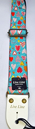Live Line 2" = 50mm wide woven Guitar Strap with leather ends, Hearts on Blue LS2400BUH