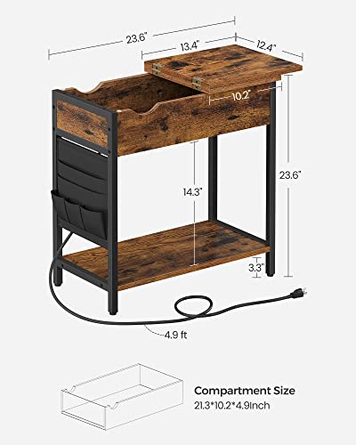 VASAGLE Side Table with Storage, End Table with USB Ports and Outlets, Nightstand with Charging Station, Fabric Bags, for Living Room, Bedroom, Rustic Brown and Black ULET310B01V1