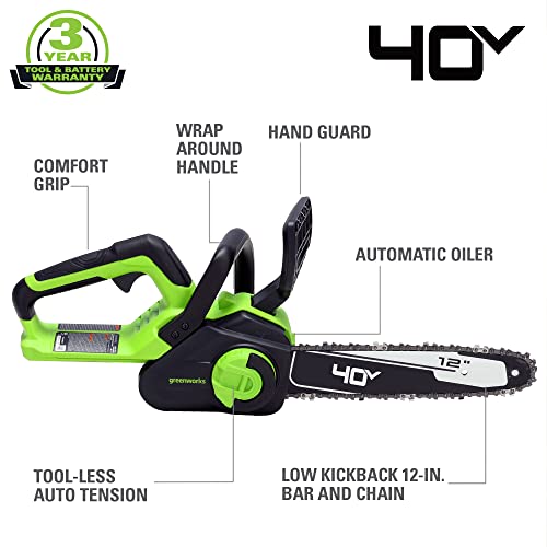 Greenworks 40V 12 in Cordless Electric Chainsaw, 2.0 Ah Battery and Charger photo 8