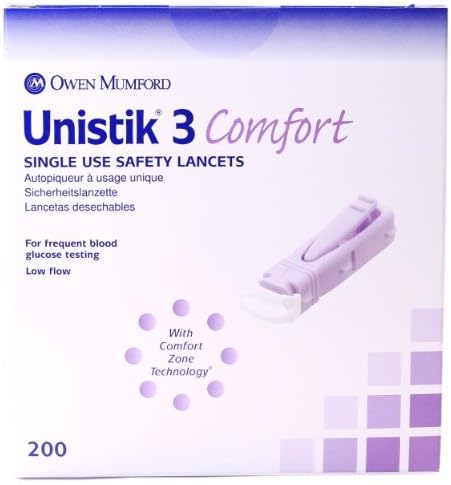 Unistik 3 Comfort Safety Lancets - Box of 200 - 28G with 1.88mm Penetration Depth by Unistik 3