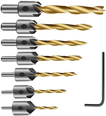 CITKOU Countersink Drill Bits, Titanium Coated Woodworking Countersink Drill Bits Set Adjustable 7 Pack