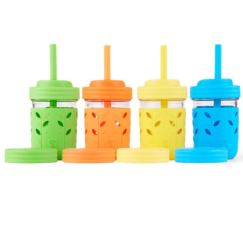 Elk and Friends Kids & Toddler Cups | The Original Glass Mason Jars 8 oz with Silicone Sleeves & Silicone Straws with Stoppers | Smoothie Cups | Spill Proof Sippy Cups for Toddlers | 4 Pack